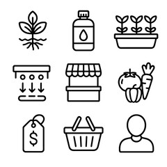 Hydroponic Market Icons. Outline icon set of hydroponic markets: hydroponic plant, nutrient solution, grow