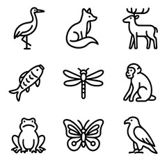 Fuji Wildlife Icons. Outline icon set of Fuji wildlife: red-crowned crane, fox, deer, carp, dragonfly, monkey, frog, butterfly,