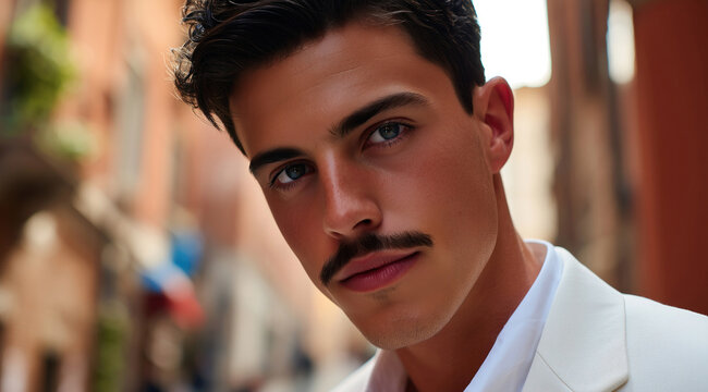 Un jeune homme aux cheveux noirs et à la moustache, vêtu d'un costume blanc, arrière-plan flou d'une rue, séance de photo de mode, photographie de portrait en gros plan.