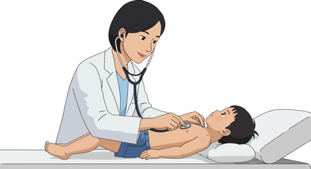Pediatrician using a stethoscope to check the health of a young child patient during a routine medical examination.
