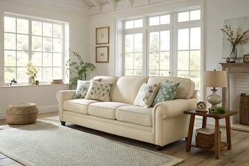Fototapeta premium Cream sofa with floral pillows and wooden accents wooden side table lamp