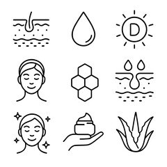 Skin Health Icons. Outline icon set of skin health: skin layer icon, hydration droplet, vitamin D, healthy skin face, skin cell