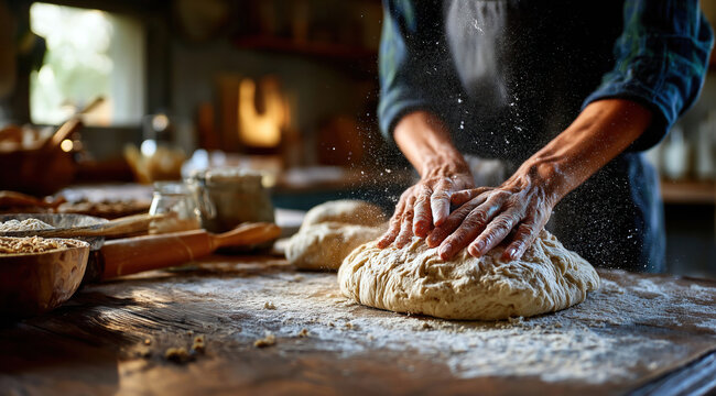 Mains p&eacute;trissant de la p&acirc;te &agrave; pain sur une table en bois, entour&eacute;es de farine et d'ustensiles de cuisine, symbolisant le savoir-faire artisanal de la boulangerie traditionnelle, vue de l&eacute;ger profil.
