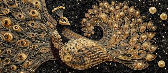 Paper-quilled peacock art with intricate gold and black eye-like feather patterns