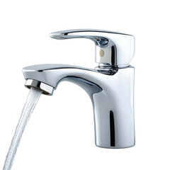 Modern chrome basin faucet with flowing water isolated on transparent background