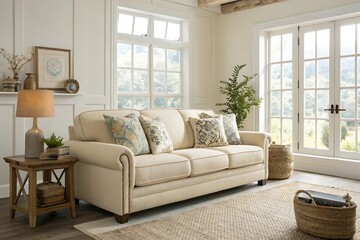 Cream sofa with patterned pillows and wooden side table living room lamp
