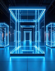 Futuristic exhibition space featuring glowing geometric structures with blue neon lights and reflective surfaces.