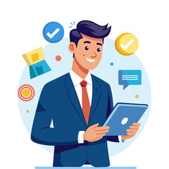 Modern businessman using digital tablet for data analysis, remote work, and communication in corporate technology environment vector illustration