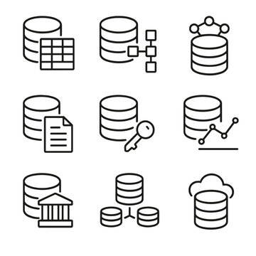Database Icon Set. Outline icon set of database types: relational database, NoSQL database, graph database, document store,