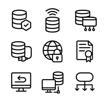 Database Connectivity Icons. Outline icon set of database connectivity: ODBC, JDBC, connection pool, network cable, VPN, SSL