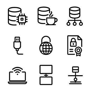 Database Connectivity Icons. Outline icon set of database connectivity: ODBC, JDBC, connection pool, network cable, VPN, SSL