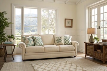 Fototapeta premium Cream sofa with patterned pillows in a bright living room interior