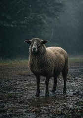 Fototapeta premium A sheep stands drenched in the rain, staring at the viewer, enveloped by a misty, fog-laden forest—cinematic, atmospheric, and melancholic