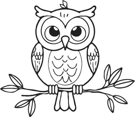 Whimsical Line Art of a Cartoon Owl Perched on a Branch with Simple Leaves, Perfect for Coloring Books