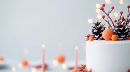Elegant winter cake decorated with pine cones and festive ornaments