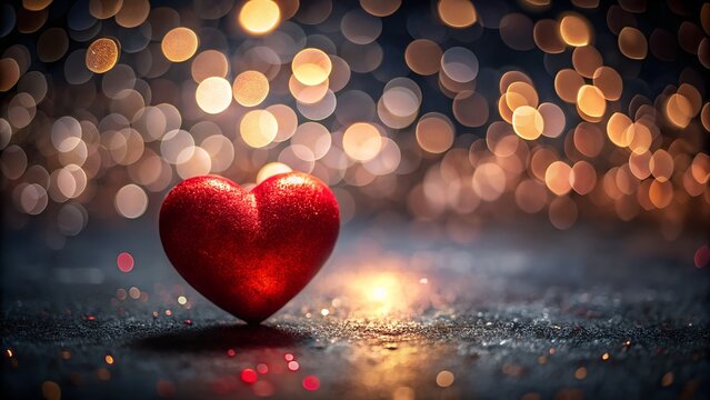 Romantic Red Glitter Heart on Dark Background with Warm Bokeh Lights - Powered by Adobe