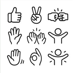 Fototapeta premium Gesture Icon Set. Outline icon set of yay gestures: thumbs up, peace hand sign, fist bump, high five, clapping hands, victory hand