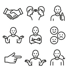 Interpersonal Icon Set. Outline icon set of interpersonal communication: handshake, eye contact, thumbs up,