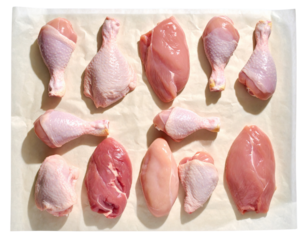 Top-Down View of Assorted Chicken Cuts on Butcher Paper, Culinary Style, Transparent PNG