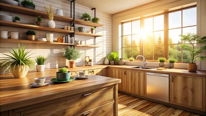 Fototapeta premium Warm, sunlit modern kitchen with wooden cabinetry, island, and abundant potted plants.