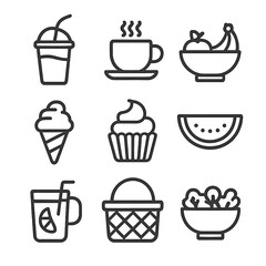 Good Vibes Food Icons. Outline icon set of good vibes food and drink: smoothie, coffee cup, fruit bowl, ice cream, cupcake,