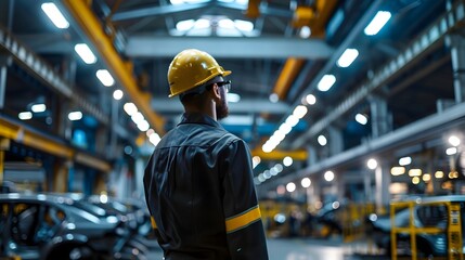 Worker in safety gear observes production line in a modern factory with vehicles in background