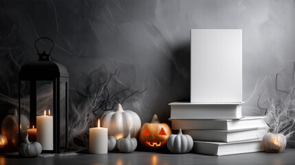 Mockup of white plain book cover in Halloween theme background, dark tone. Product advertising template in minimal style with copy space for Text. Grey color tone.