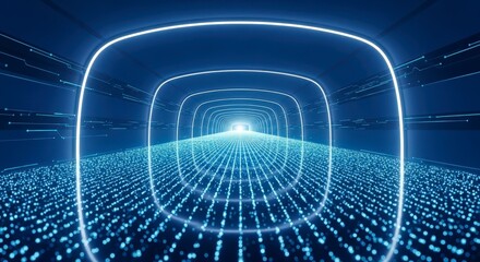 Abstract Tunnel with Glowing Blue Lights and Dots Perspective