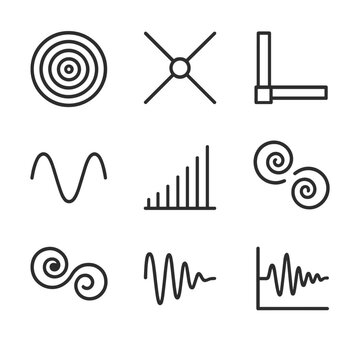 Gravitational Wave Icons. Outline icon set of gravitational wave phenomena: wave ripple, interferometer arms, LIGO detector,