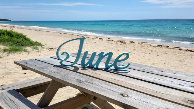 The word june is artistically displayed on a picnic table with a sunny beach and ocean. - Powered by Adobe