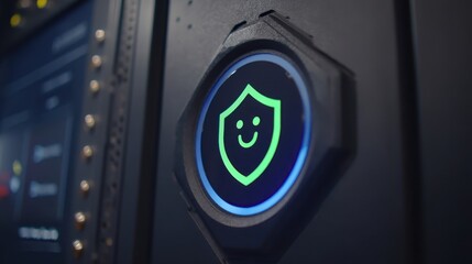 Close-Up of a Security Button Featuring a Smiling Shield Icon on a Modern Control Panel in a Tech Environment Illuminated by Blue Light