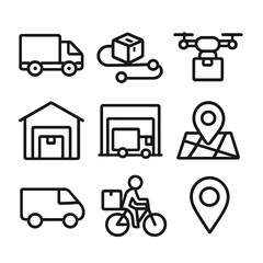 Delivery Icons. Outline icon set of delivery and logistics routes: delivery truck, parcel route, drone delivery, warehouse,
