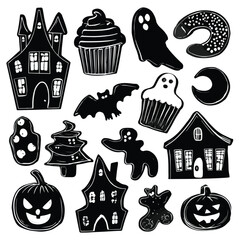 Vector silhouette set of Halloween Cookie isolated in White background, silhouette Set, Halloween theme, Vector illustration