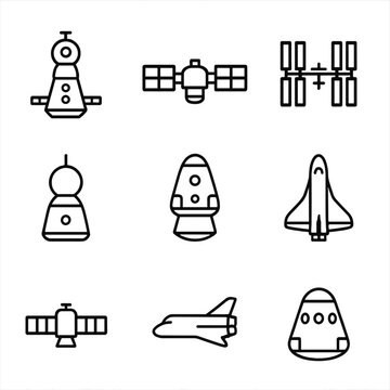 Spacecraft Icon Set. Outline icon set of cosmonaut spacecraft: Soyuz capsule, Salyut station, Mir station, International Space