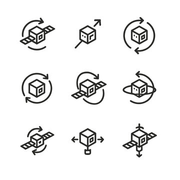 Spacecraft Dynamics Icons. Outline icon set of spacecraft rotational dynamics: torque, angular momentum, rotational inertia,