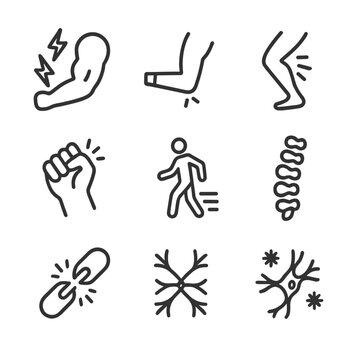 Spastic Paralysis Icons. Outline icon set of spastic paralysis: tense muscle, locked elbow, frozen leg, clenched hand, halted