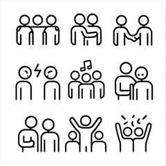 Group Emotion Icons. Outline icon set of group emotions: unity, support, trust, conflict, harmony, empathy, encouragement,