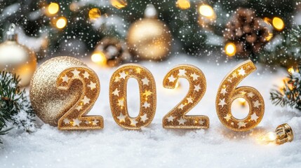 2026 golden numbers with ornaments and snow during winter celebration