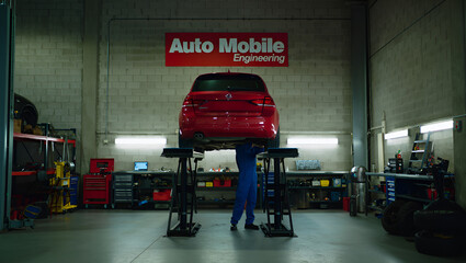Red Car on Lift in Auto Mobile Engineering Repair Shop with Mechanic Performing Inspection and...
