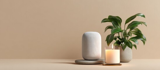 Clean beige studio setup with speaker, plant, and candle on neutral surface