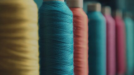 Colorful spools of thread arranged neatly in a workshop setting