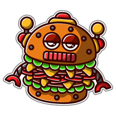 RoboBun Deluxe. A premium robotic burger character with sleek mechanical features, combining fast food and sci-fi in a unique vector sticker design.