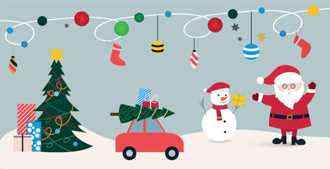 Christmas Vector with Santa, Snowman, Gifts, Christmas Tree, Car and Hanging Ornaments. Perfect for greeting cards, social media posts, invitations, and holiday-themed designs.