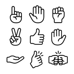 Hand Gesture Icons. Outline icon set of hand movements: pointing finger, open hand, clenched fist, peace sign, thumbs up, waving