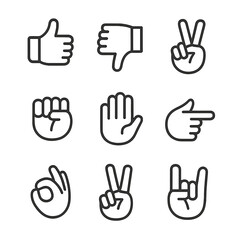 Obraz premium Hand Gesture Icons. Outline icon set of hand gestures: thumbs up, thumbs down, peace sign, fist, open palm, pointing finger, OK