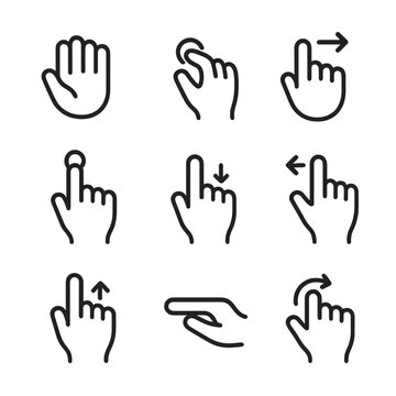 Hand Gesture Icons. Outline icon set of hand gestures: grab hand, pinch, swipe, tap, drag, zoom, scroll, hold, rotate. Line icons