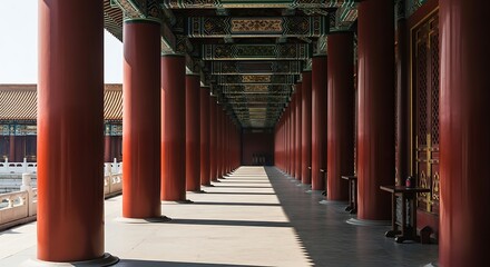 A long traditional Chinese corridor featuring numerous vibrant red pillars extending into the distance, illuminated by natural sunlight casting distinct shadows on the floor.