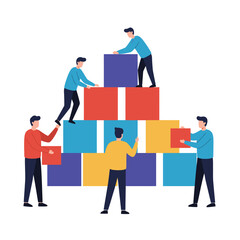 Obraz premium Teamwork building a structure together, collaborating for success in business, isolated on white background