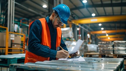 Warehouse worker in safety gear reviewing documents while inspecting metal sheets in a factory