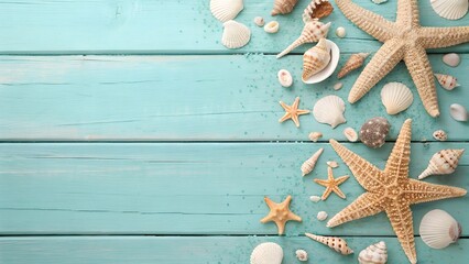 Starfish and seashells on turquoise wooden background summer theme with copy space